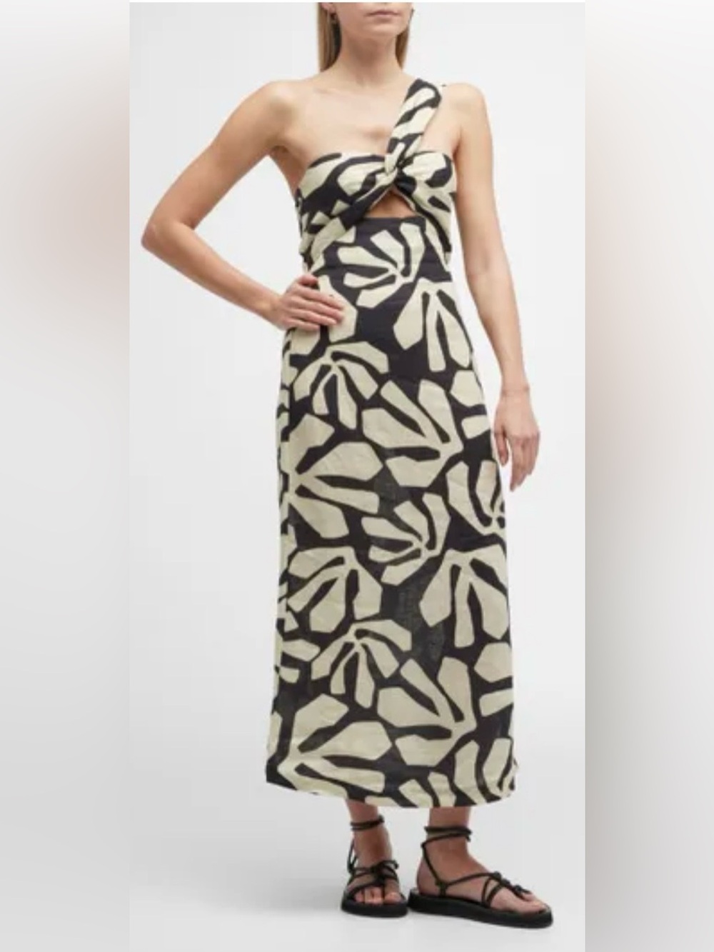 One-Shoulder Knot Midi Dress in Black and Cream